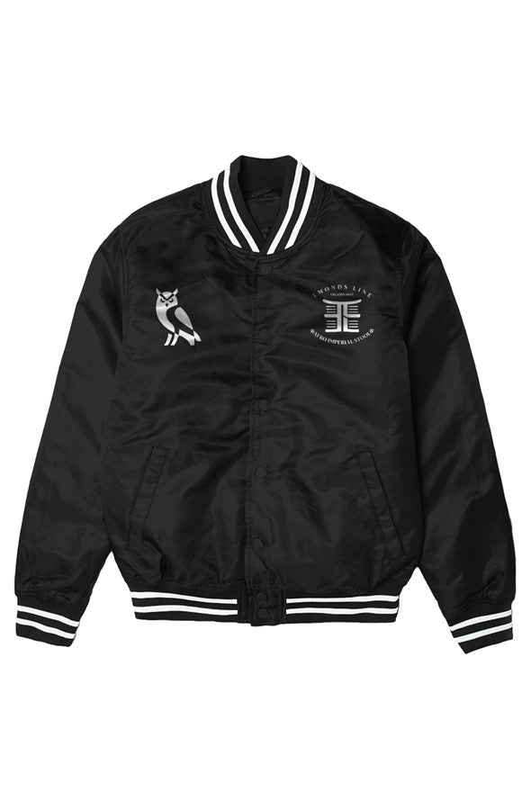 EMONDS LINE Varsity Bomber Jacket Sankofa Edition front view black satin streetwear