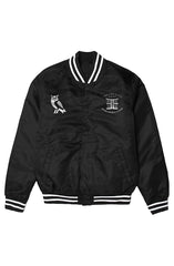 EMONDS LINE Varsity Bomber Jacket Sankofa Edition front view black satin streetwear