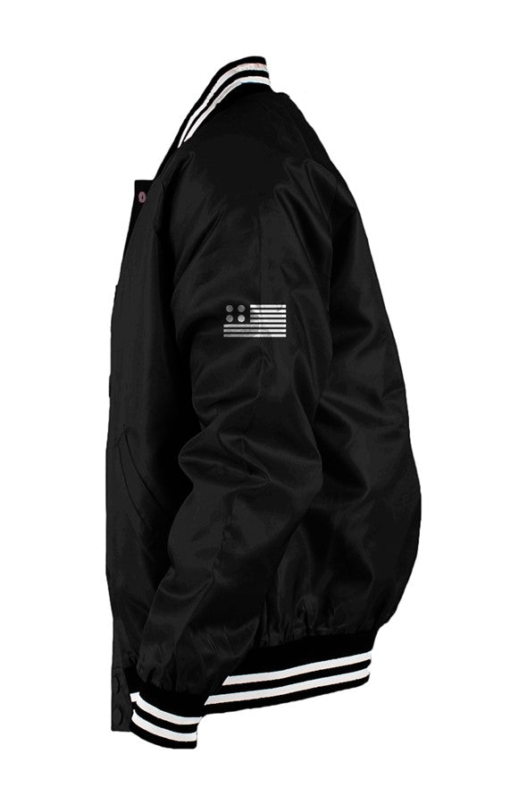 EMONDS LINE Varsity Bomber Jacket Sankofa Edition side view ribbed collar cuffs