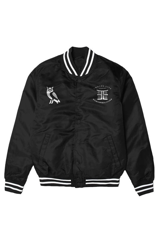 EMONDS LINE Varsity Bomber Jacket Sankofa Edition front view black satin streetwear