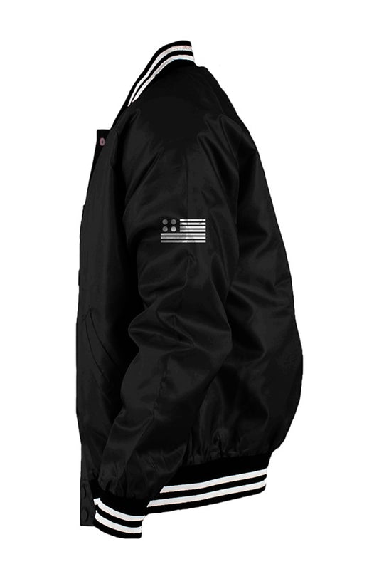 EMONDS LINE Varsity Bomber Jacket Sankofa Edition side view ribbed collar cuffs