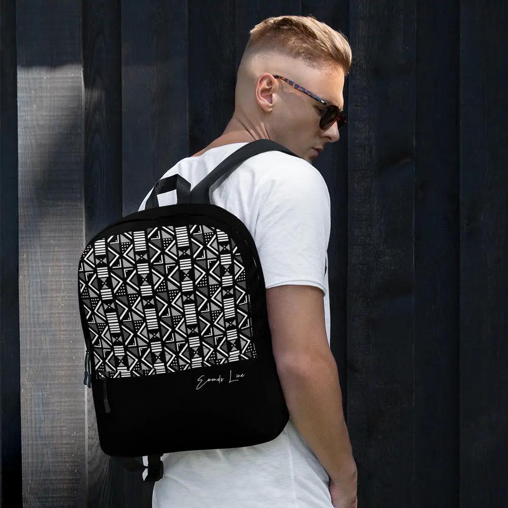 Emonds Line Akan Backpack — front view all-over print Afro pattern streetwear backpack