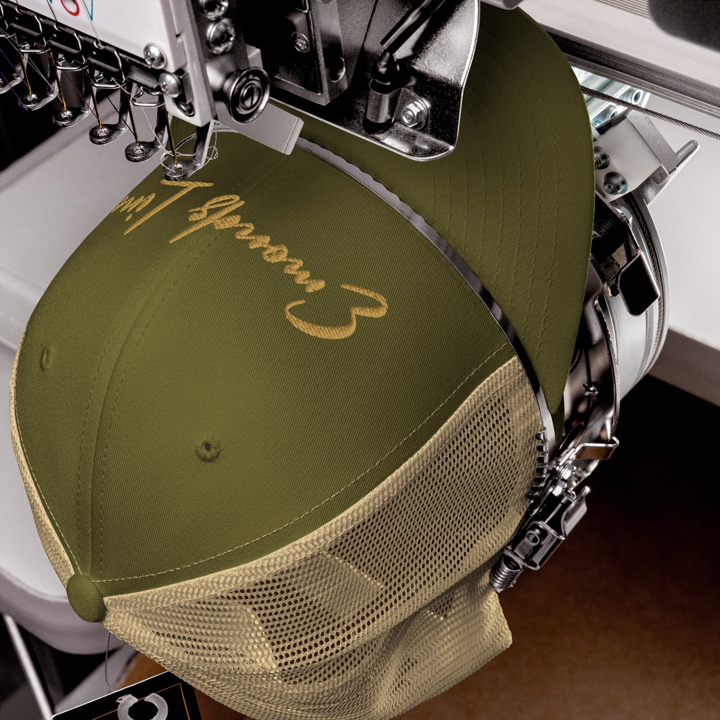 Emonds Line Trucker Cap — front detail view