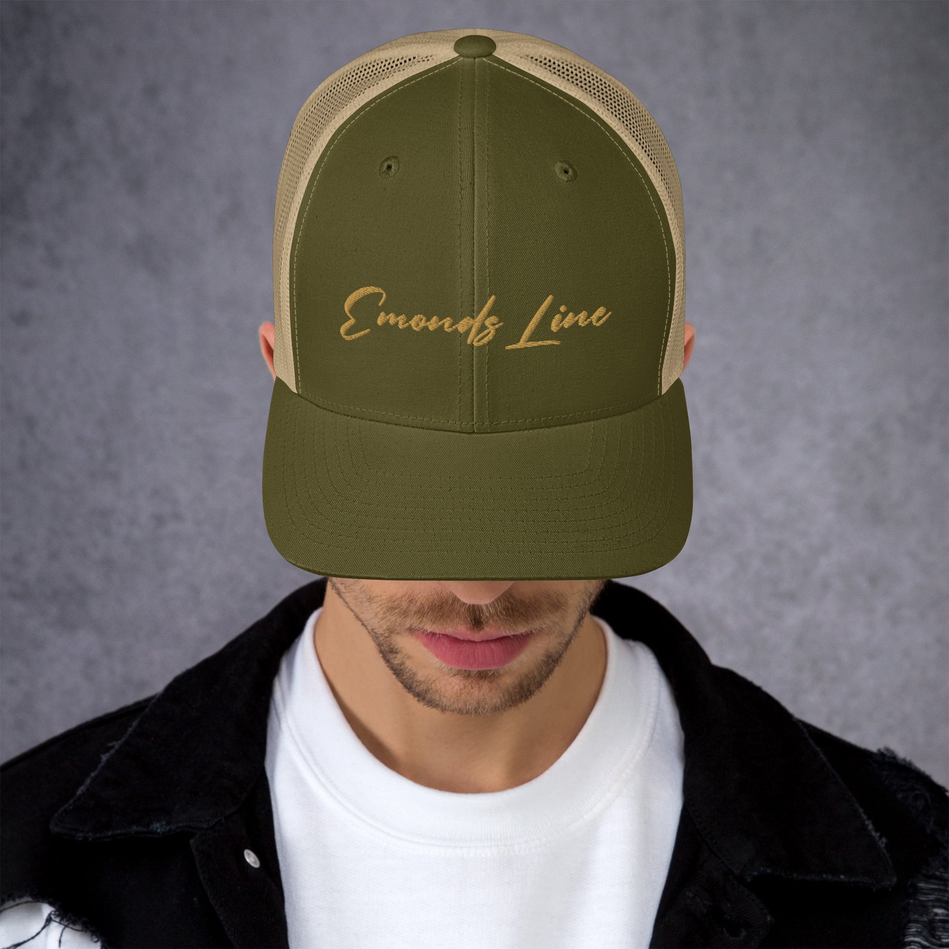 Emonds Line Trucker Cap Moss Khaki — front view embroidered retro trucker hat
